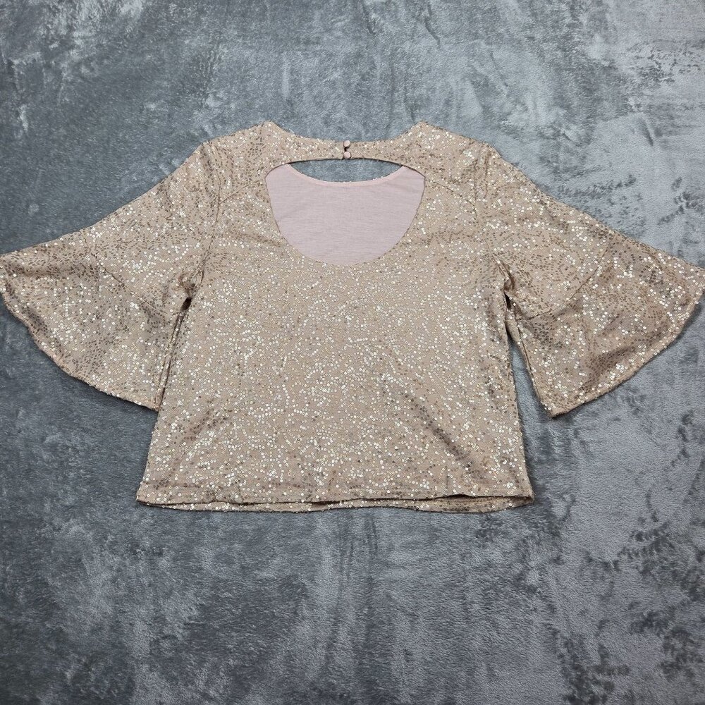 Anthropologie Reath & Wren Top S Champagne Gold Sequin Boxy Flutter Sleeve NEW - Picture 6 of 10